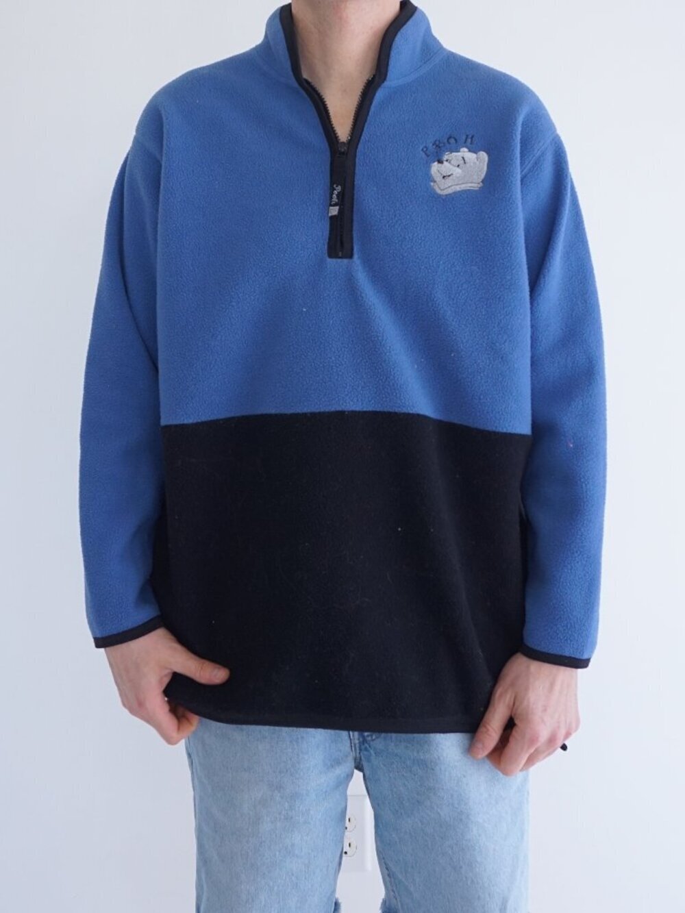 VTG Pooh Blue Colorblock Bear Embroidered Quarter Zip Disney Character Sweater L